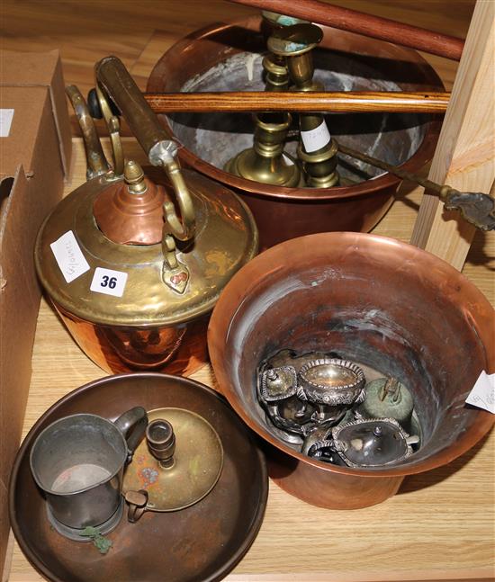 Large copper Kettle, a copper bowl, a brass toasting fork; a pair of brass candlesticks and one pewter item